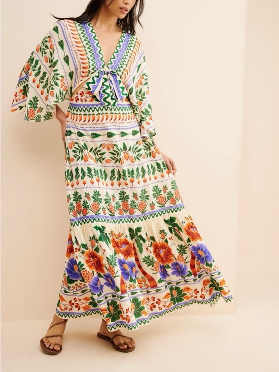 FARM Rio Dresses & Skirts - FARM Rio Cream Midi Dress with Orange, Green & Purple Floral Print